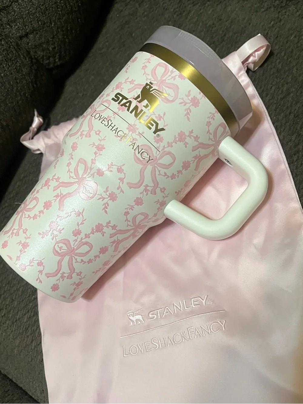 LoveShackFancy Stanley Pink and Gold bow flip top
